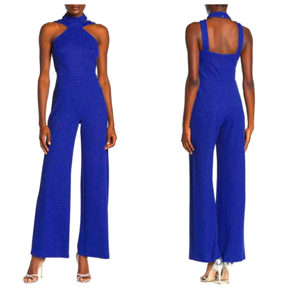 Bebe High Neck Sparkling Jumpsuit Cobalt Blue - Picture 1 of 9